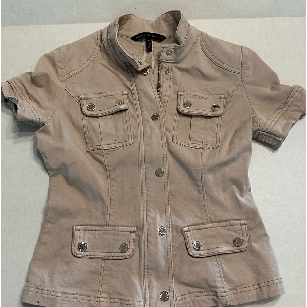 White House Black Market Beige Military Jacket Full Zip Snap Pockets